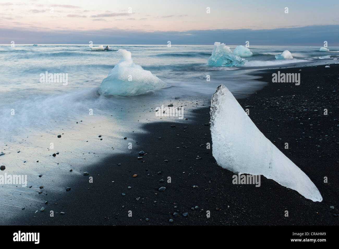 Melting ice, beach, Joekulsárlón glacier lagoon, eastern Iceland, Europe Stock Photo