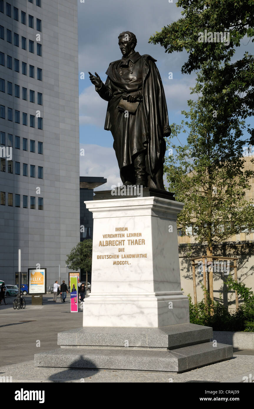 Monument to Albrecht Thaer, founder of Agricultural Science, City-Hochhaus builing, Leipzig, Saxony, PublicGround Stock Photo