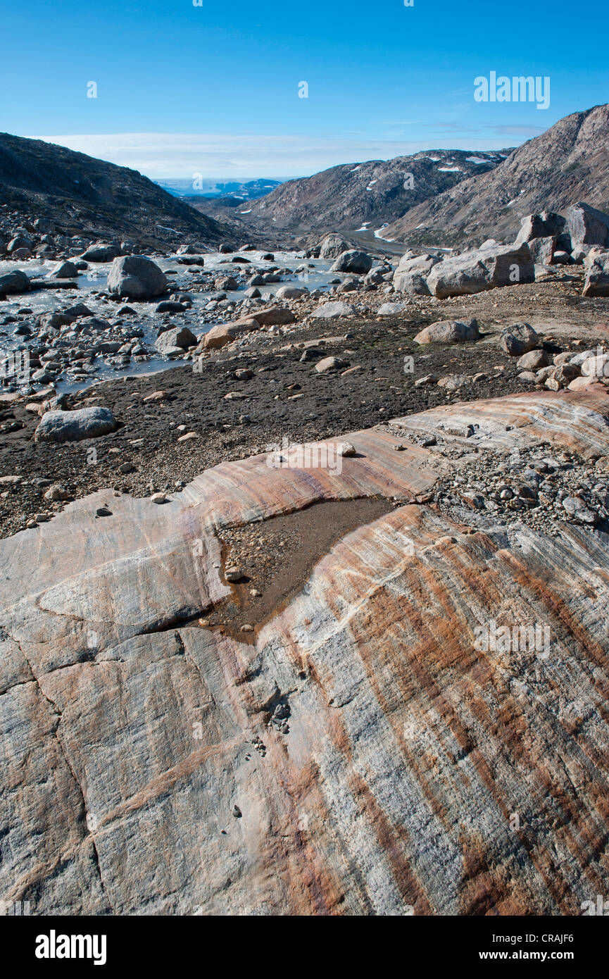 Rocks, rock structures and boulders, at Mittivakkat Glacier, Ammassalik Peninsula, East Greenland, Greenland Stock Photo