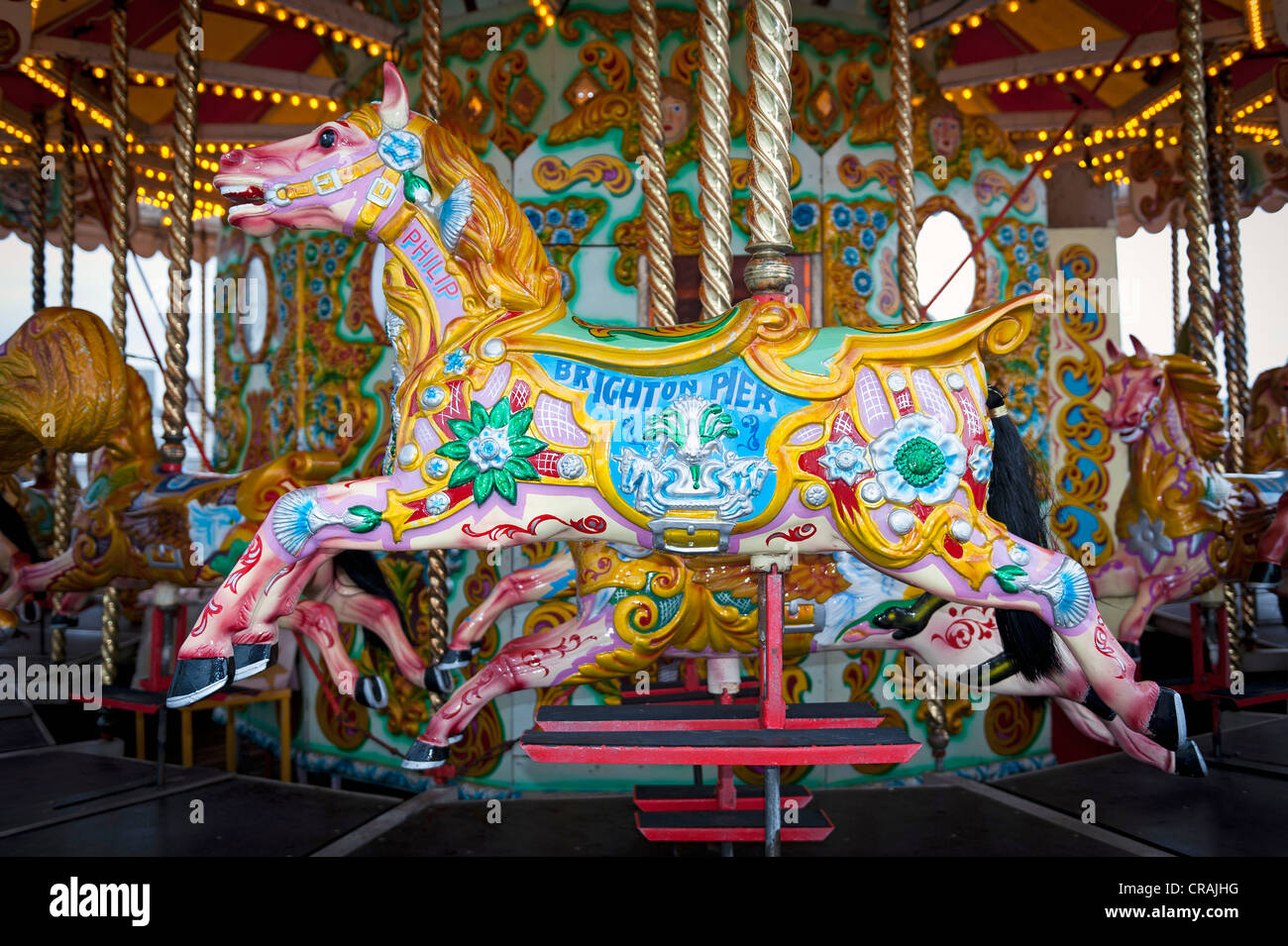 Carousel horse on an old carousel, seaside resort of Brighton, Brighton Pier, England, United Kingdom, Europe Stock Photo