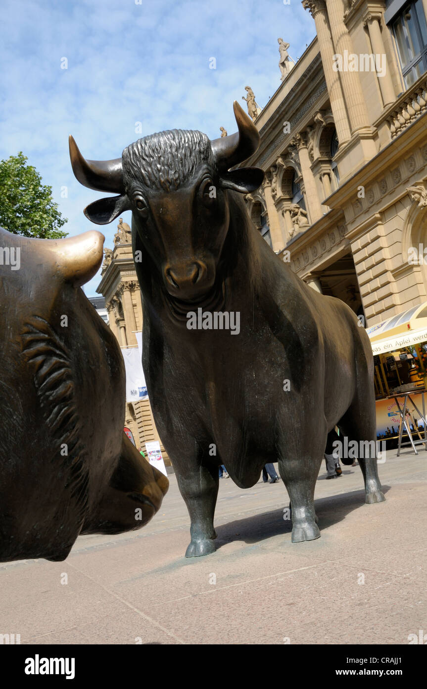 Bear and bull, symbol of the stock market, stock exchange, Boersenplatz square, Frankfurt am Main, Hesse, Germany, Europe Stock Photo