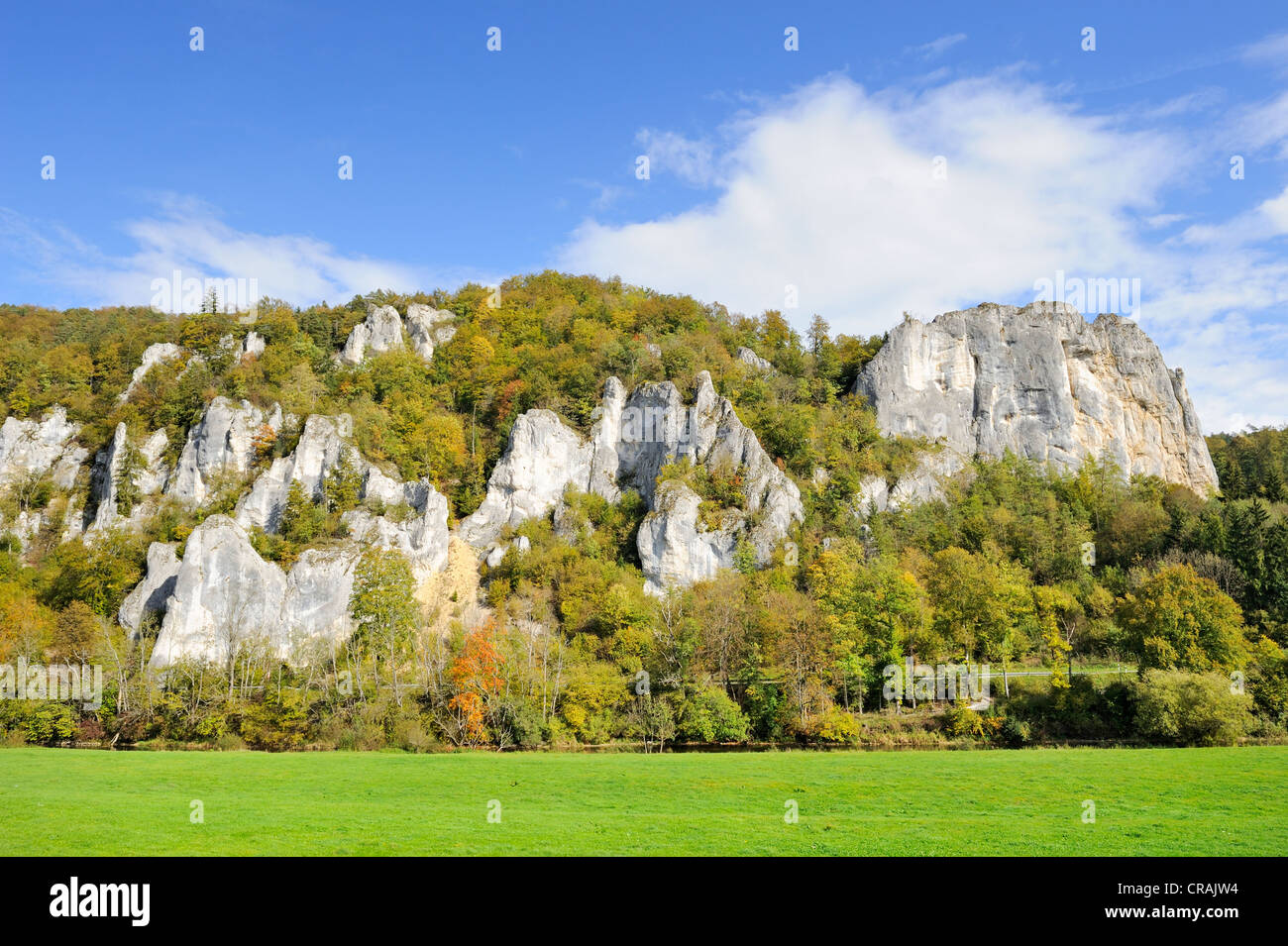 Jurassic limestone cliffs, Rabenfelsen, Raven's Rock, right, in the ...