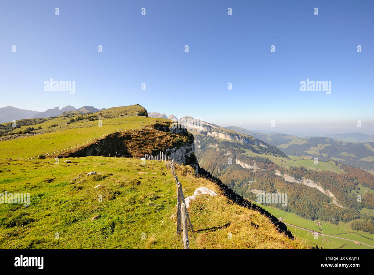Escarpment on the high plateau Alp Sigel, 1730 m, with the view over the Appenzell region towards Ebenalp Mountain Stock Photo
