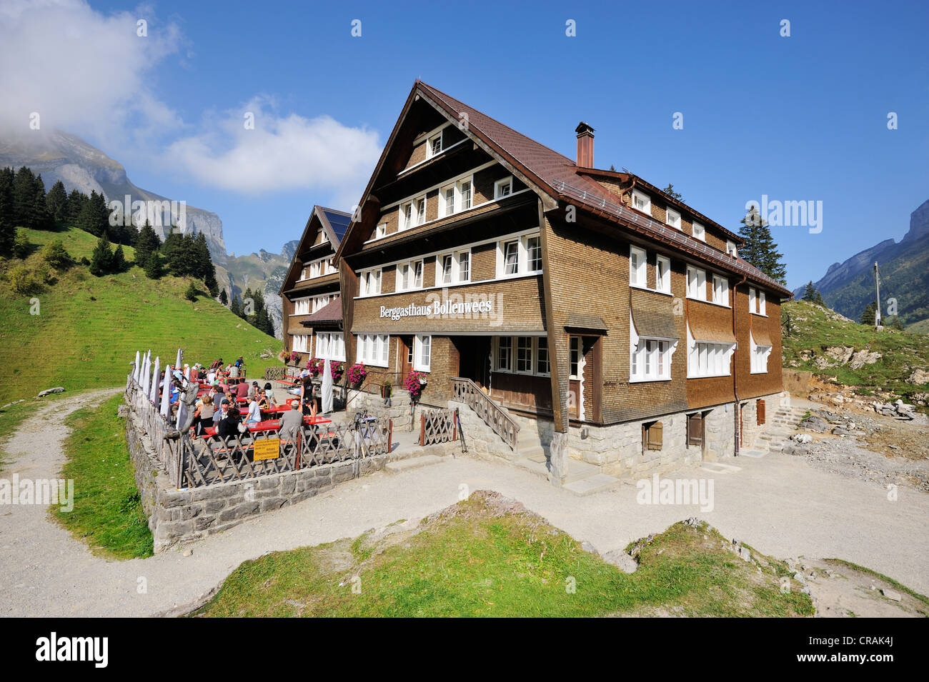 Berggasthaus Bollenwees, 1471 m, a mountain guest house above Faelensee Lake in the Appenzell Alps Stock Photo