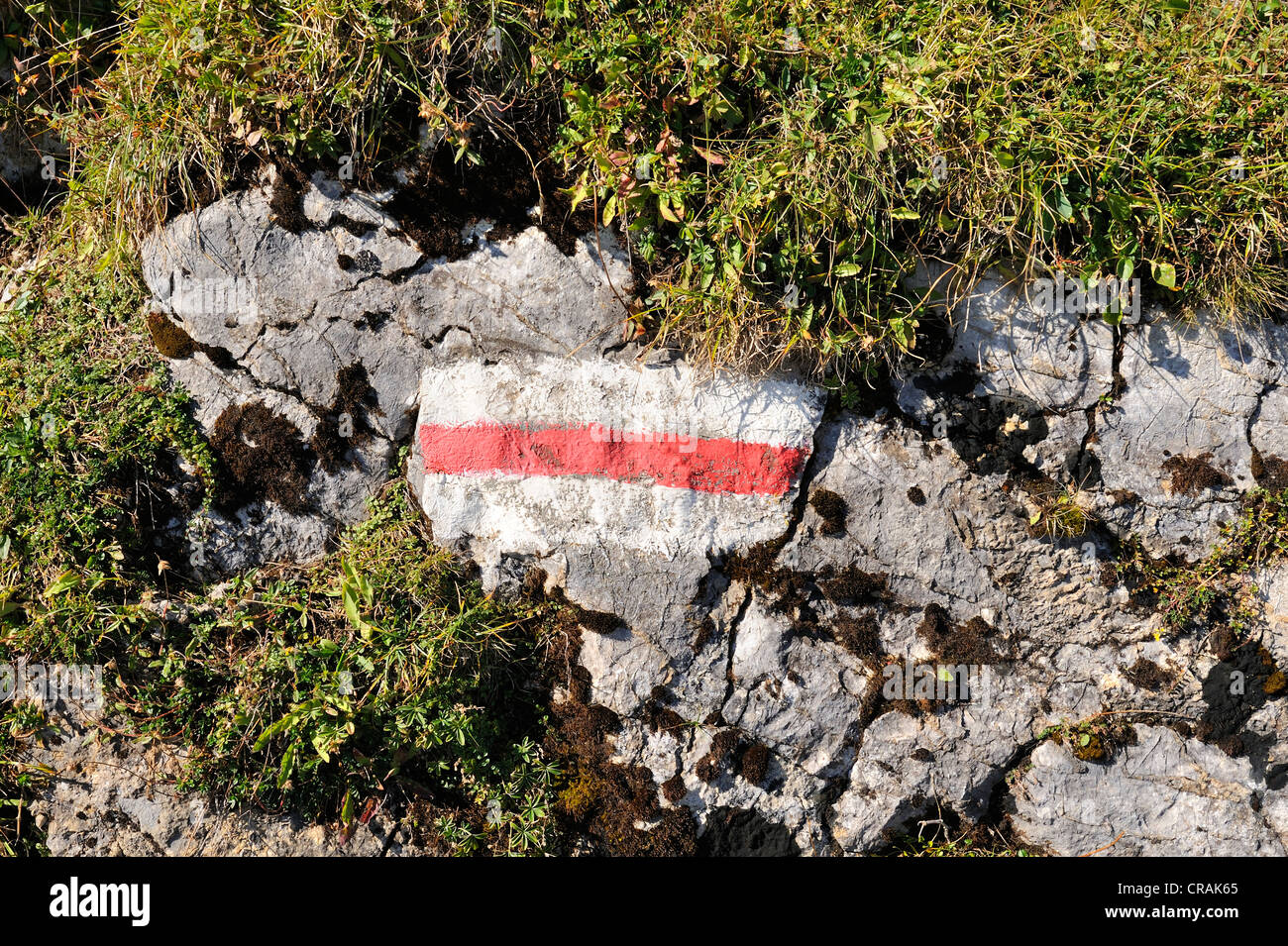 White Rocks Marking Red and white trail marker painted on a rock, a symbol of a mountain ...