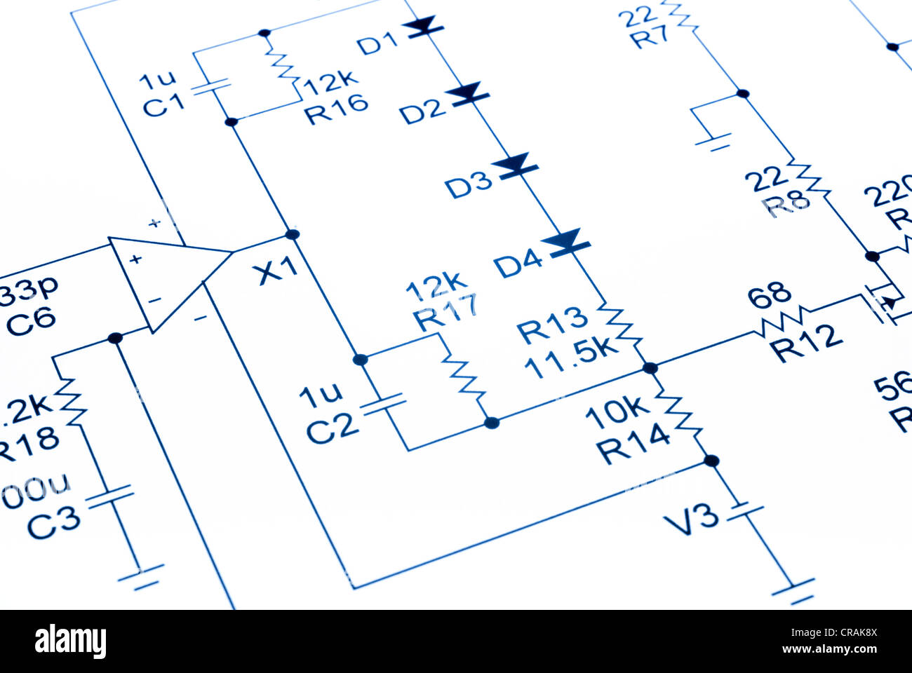 Electronic circuit diagram in blue. Our own design, no copyright issues Stock Photo