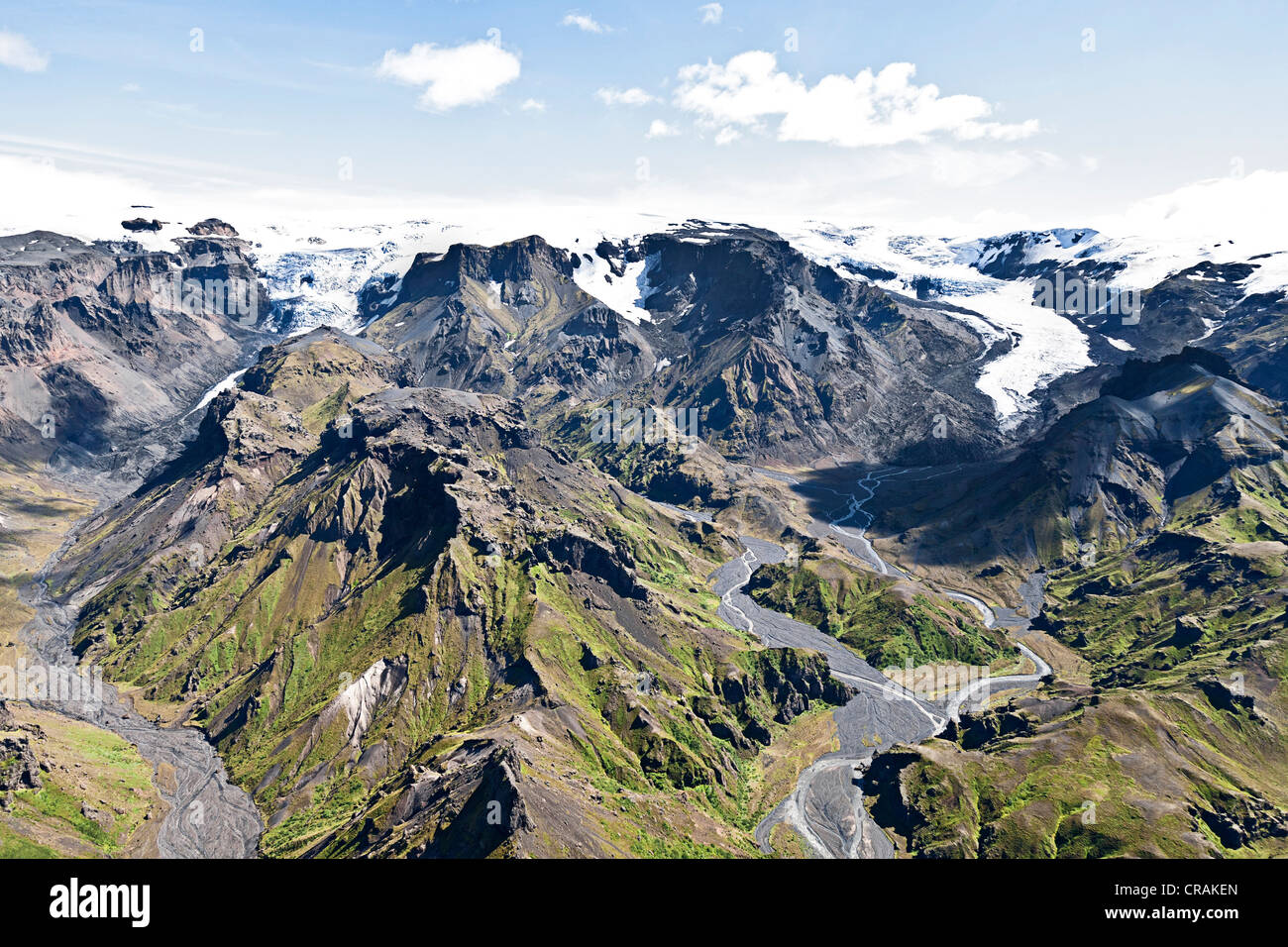 Aerial view of the Thórsmoerk region with the Markjaflott River in the southern highlands of Iceland, Europe Stock Photo