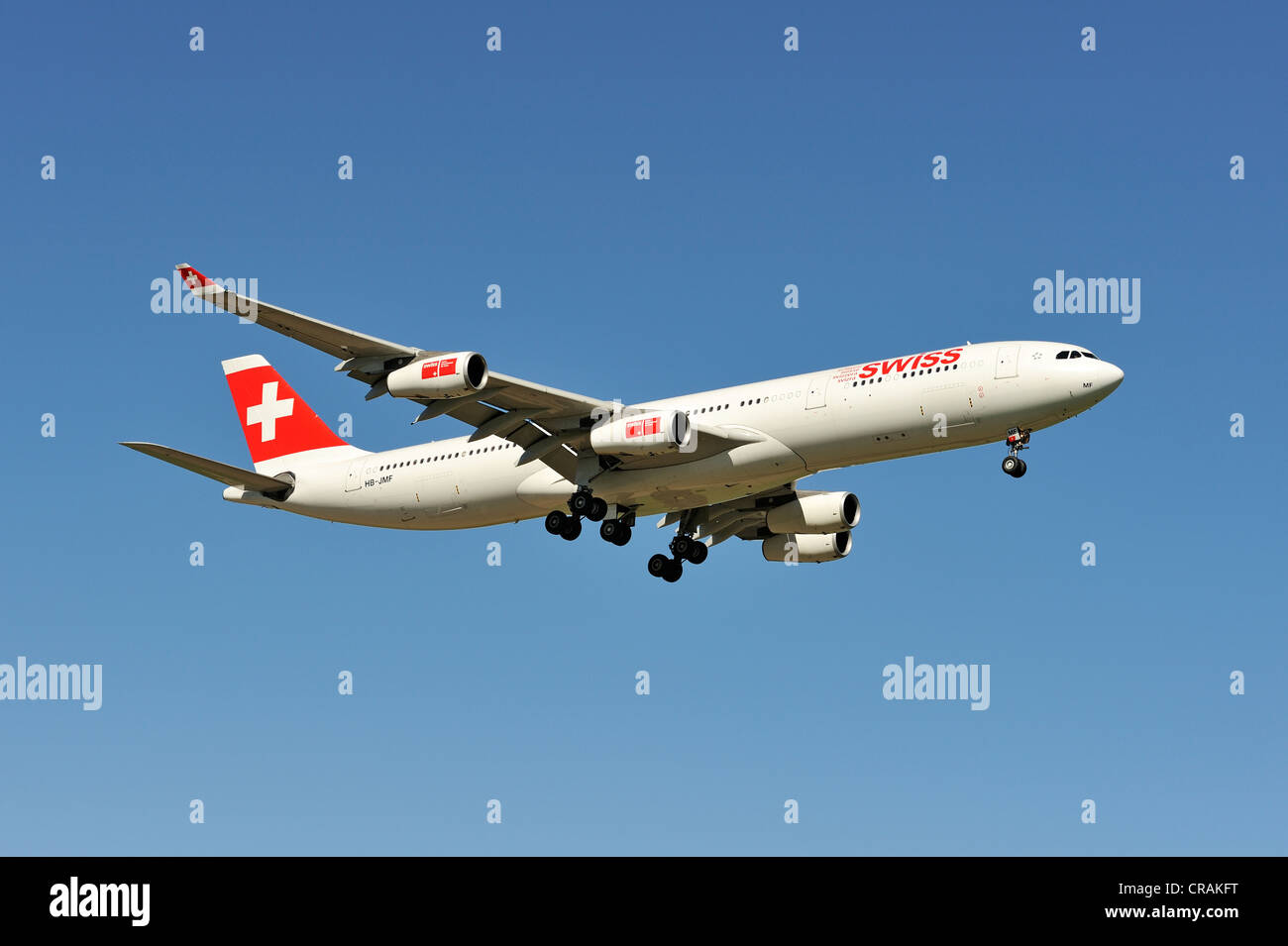 Swiss Airbus A340 313X during the landing approach to Zurich Airport, Zurich, Switzerland, Europe Stock Photo
