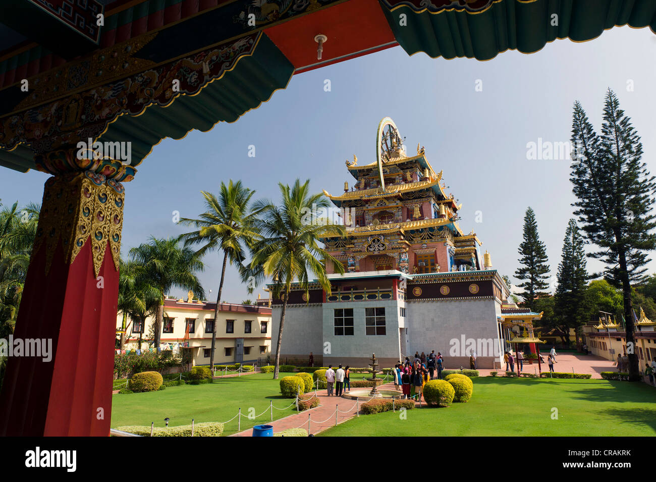 Tibetan monastery, Tibetan refugee settlement in Bylakuppe, Mysore district, Karnataka, South India, India, Asia Stock Photo