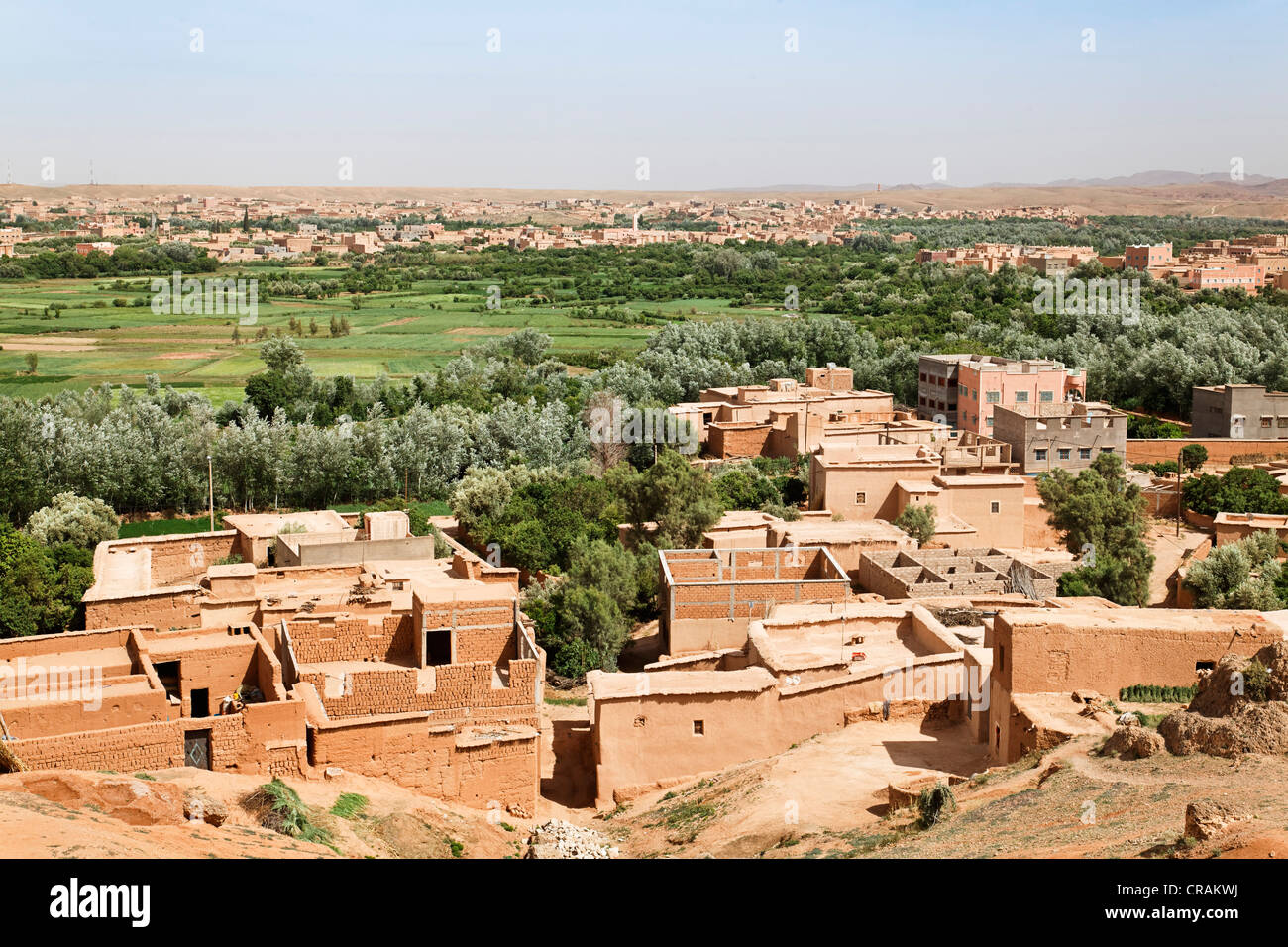 View over El Kelaa and the Valley of Roses, where Damask Roses (Rosa damascena) are grown, Valley of Roses, Dades Valley Stock Photo