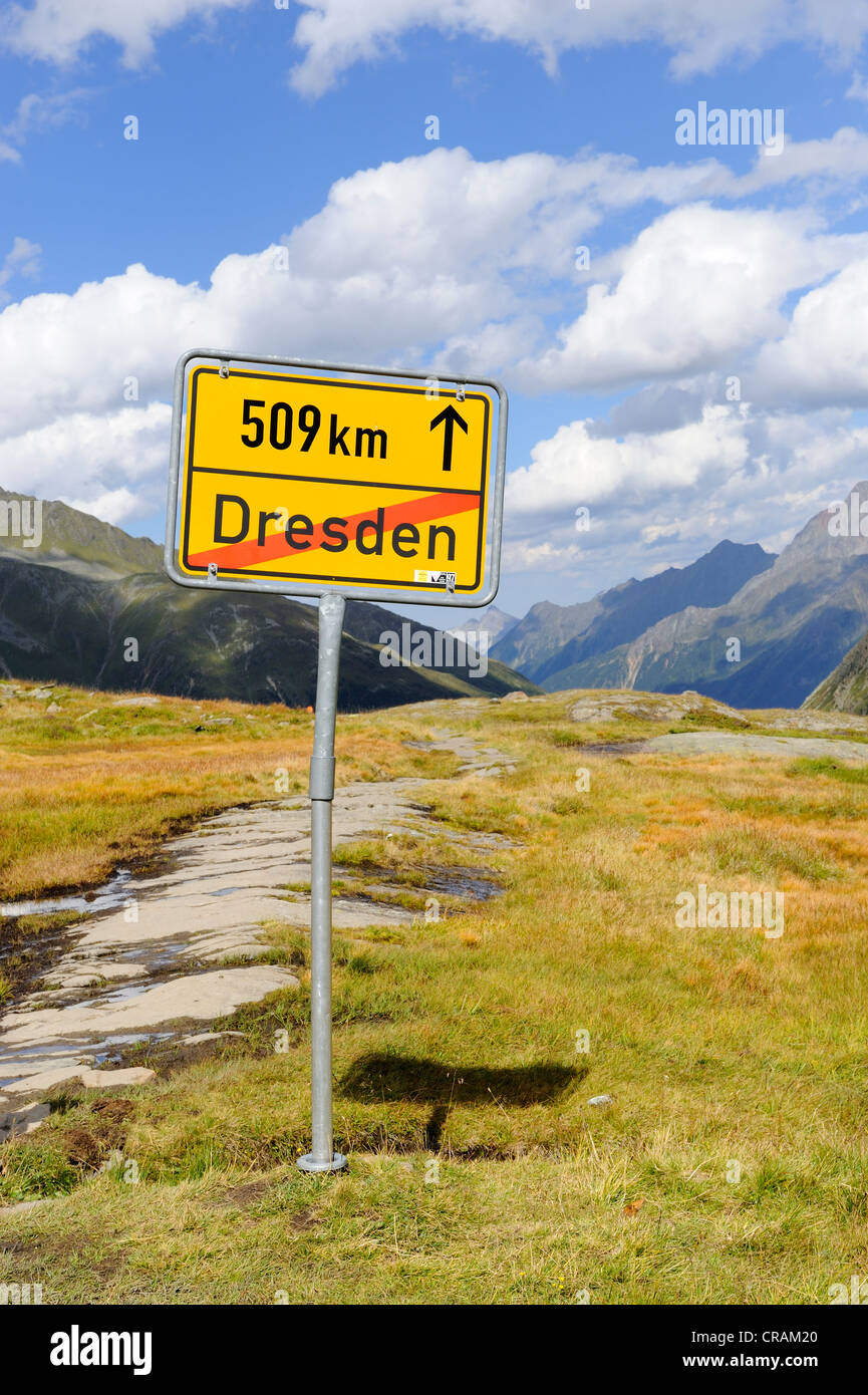 Local sign of the city of Dresden with a distance of 509km, Dresden Hut at Stubai Glacier, Tyrol, Austria, Europe Stock Photo