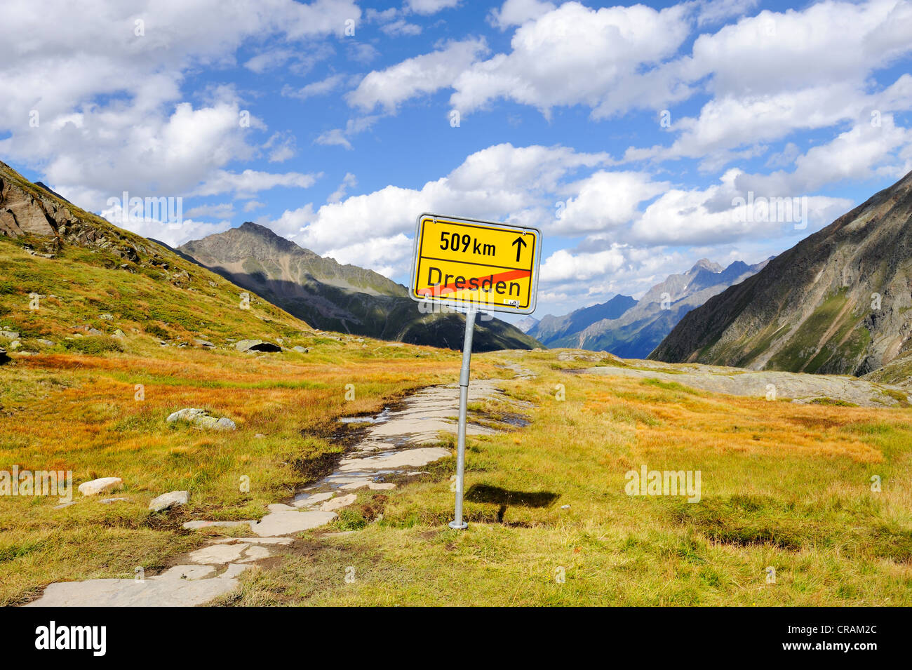 Local sign of the city of Dresden with a distance of 509km, Dresden Hut at Stubai Glacier, Tyrol, Austria, Europe Stock Photo