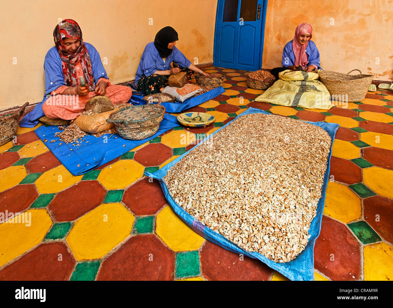 Woman pounding Argan (Argania spinosa) nuts with a stone to get the argan almonds, in the women cooperative Ajdique in Tidzi Stock Photo