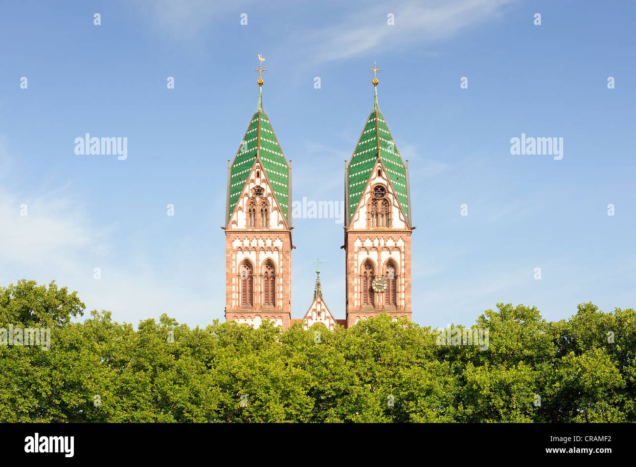 Twin towers of the Sacred Heart Church, Freiburg, Baden-Wuerttemberg, Germany, Europe Stock Photo