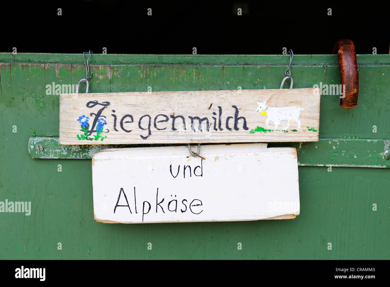 Advertising for goat milk and cheese at an alpine cheese dairy on the Meglisalp, Canton Appenzell Innerrhoden, Switzerland Stock Photo
