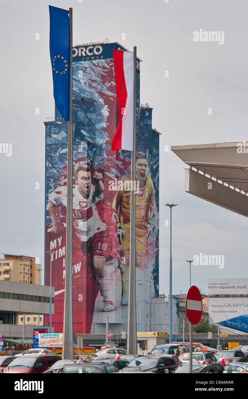 Huge Nike advertisement showing Polish soccer stars, Blaszczykowski and Szczesny, covering 27-floor ORCO Tower in Warsaw, Poland Stock Photo