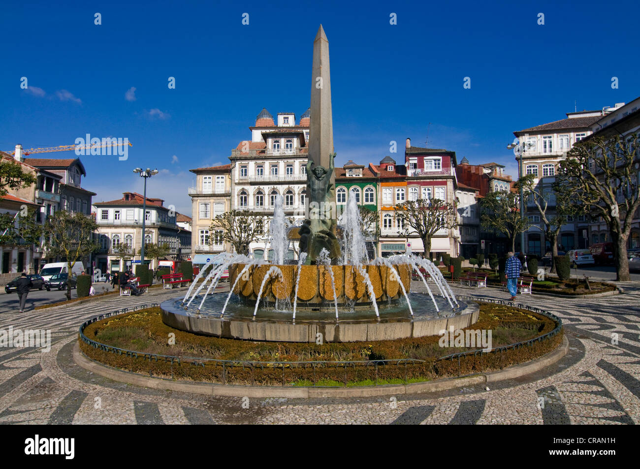 Fountain on the Lago de Toural square in the old town, UNESCO Word Heritage Site, Guimarães, Portugal, Europe Stock Photo
