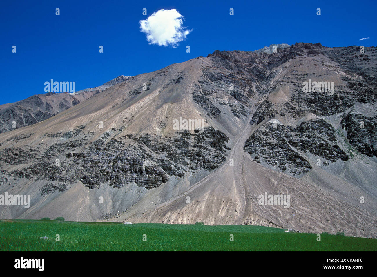 Cloud above a cliffy mountain with fields, near Tetha, Zanskar, Ladakh, Jammu and Kashmir, North India, India, Himalayas, Asia Stock Photo