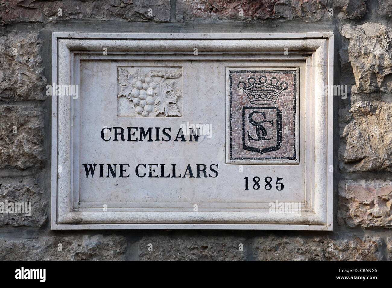Sign on the wall of the Cremisan Winery in Beit Jala near Bethlehem, Palestine, West Bank, Palestinian Authority Stock Photo