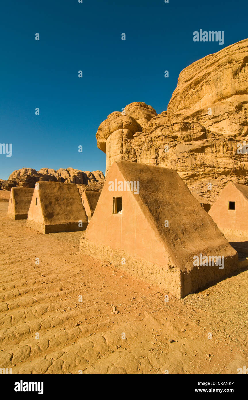Mud huts in the desert, Wadi Rum, Jordan, Middle East Stock Photo