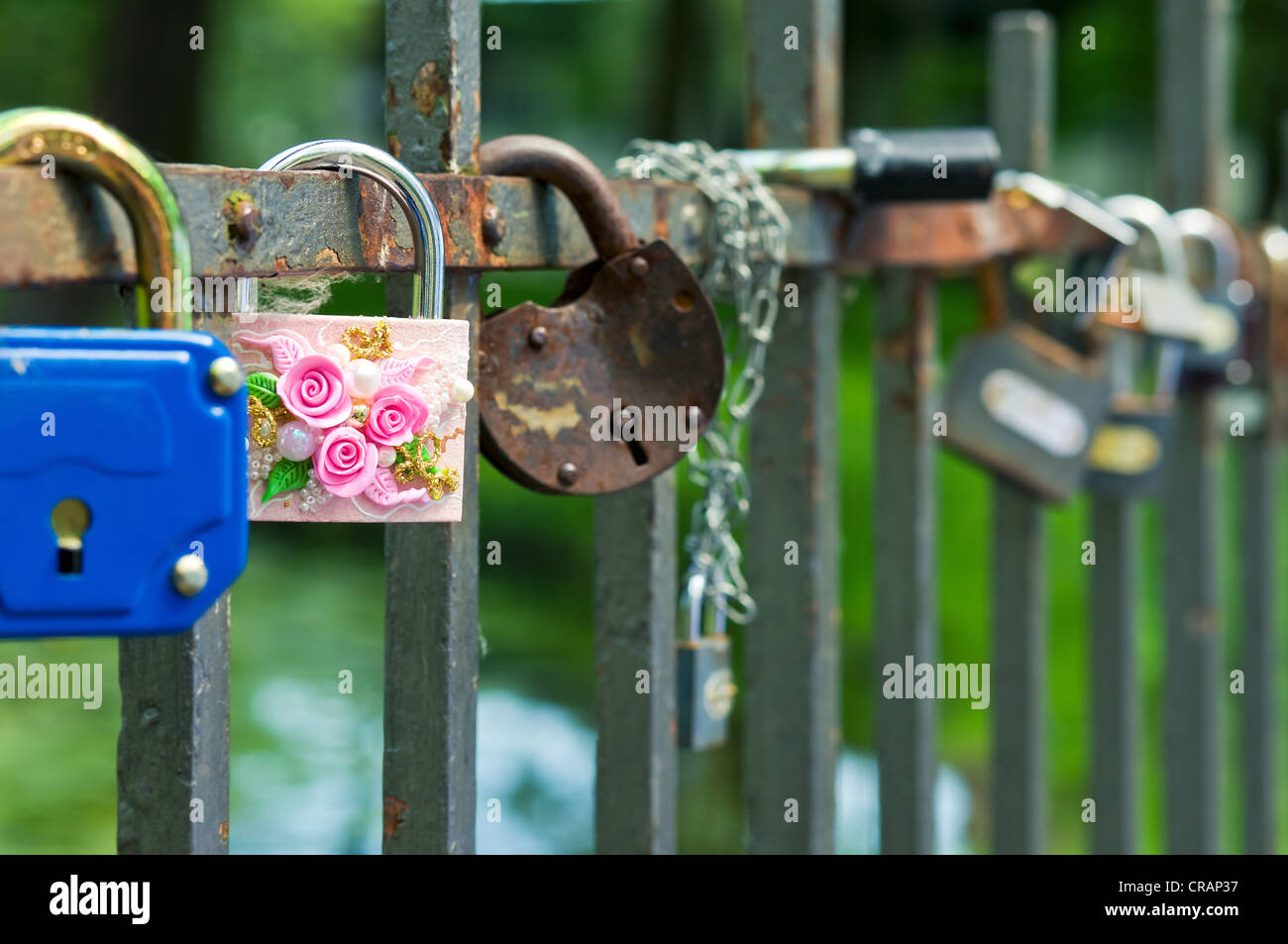 Locks on a bridge protection. Wedding tradition Stock Photo Alamy