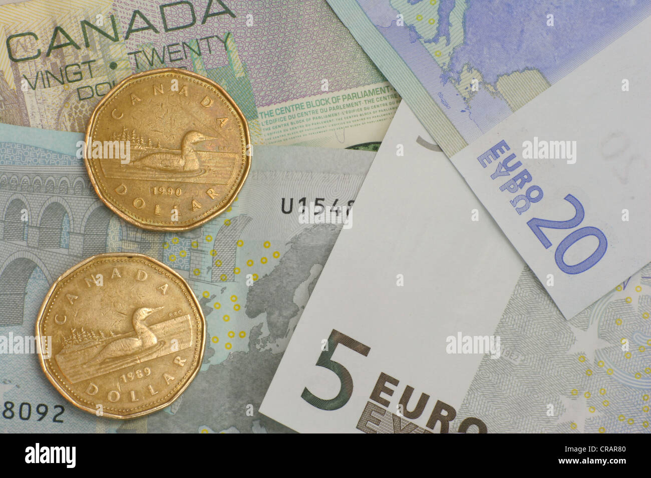 Canadian Dollar and Euro Stock Photo