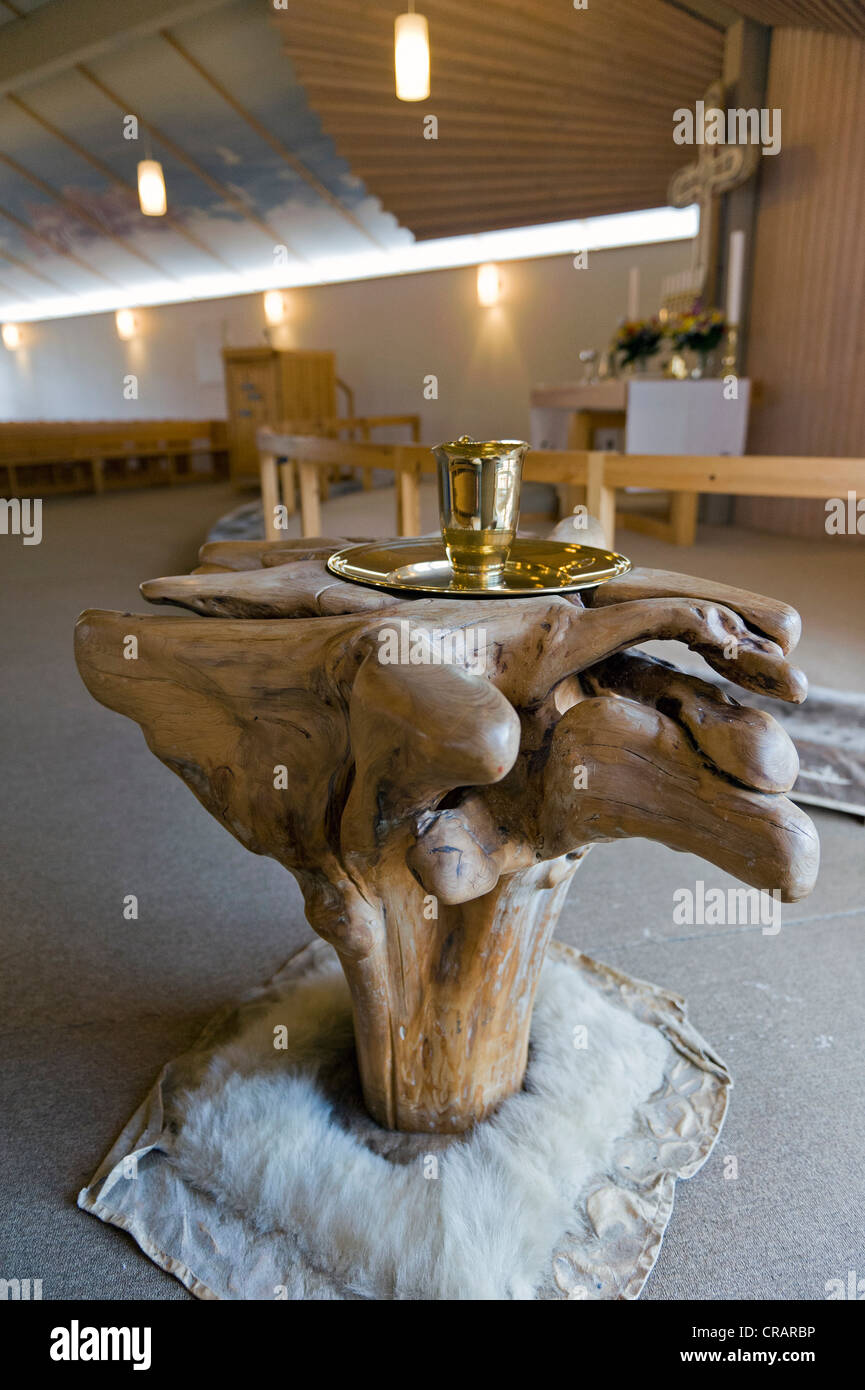 Baptismal font made of driftwood, new church of Tasiilaq or Ammassalik, East Greenland, Greenland Stock Photo