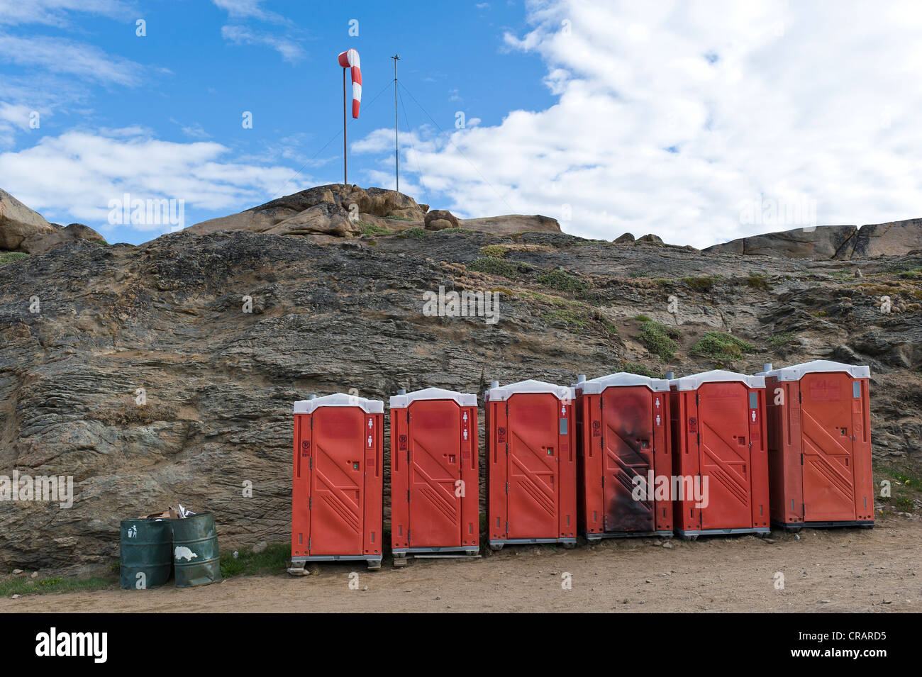 toilets, campground, Tasiilaq, also known as Ammassalik, East Greenland, Greenland Stock Photo