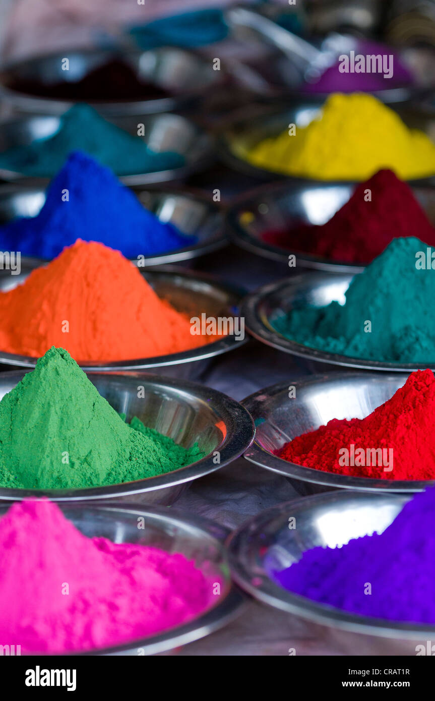 Colourful Kumkum powder, Orchha, Madhya Pradesh, North India, India, Asia Stock Photo