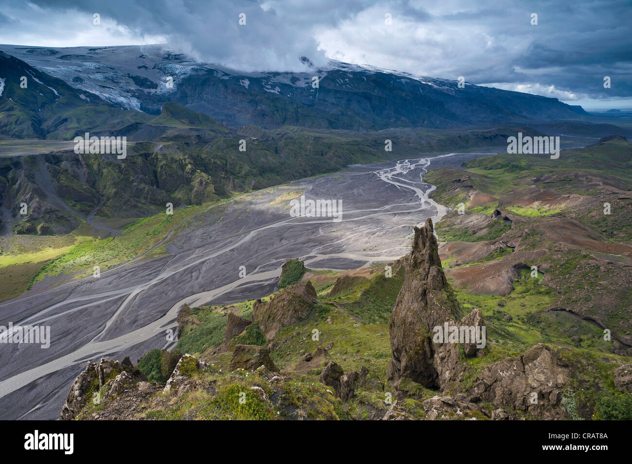 Krossá river, Þórsmoerk or Thorsmoerk mountain ridge and Eyjafjallajoekull volcano, Icelandic highlands, South Iceland, Iceland Stock Photo