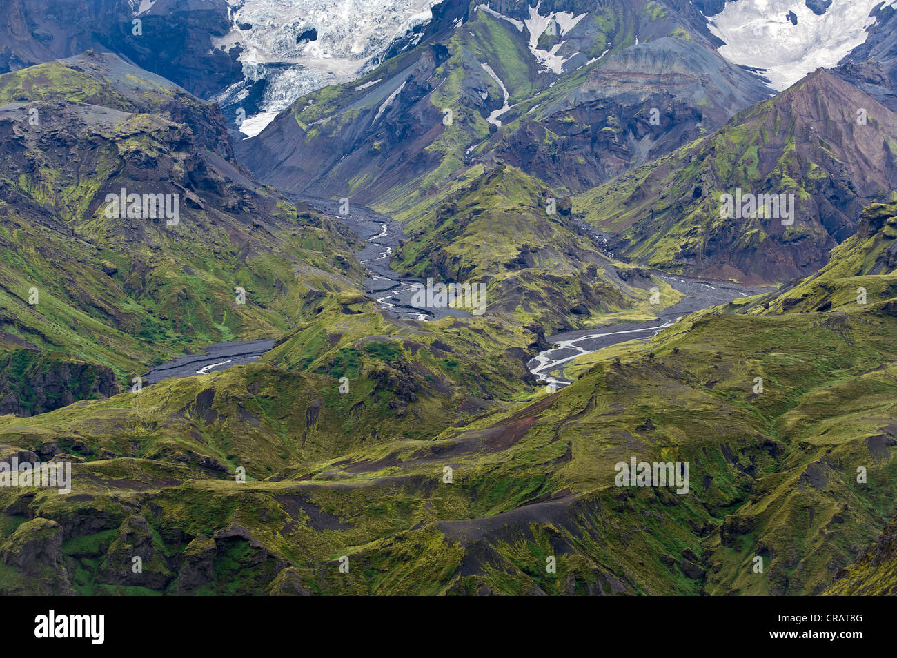 Þórsmoerk or Thorsmoerk mountain ridge overlooking the Mýrdalsjoekull glacier tongues, Icelandic highlands, South Iceland Stock Photo