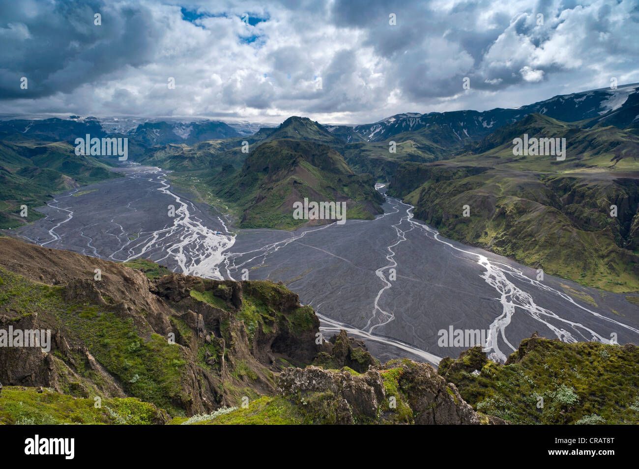 Krossá river, Þórsmoerk or Thorsmoerk mountain ridge, Icelandic highlands, South Iceland, Iceland, Europe Stock Photo