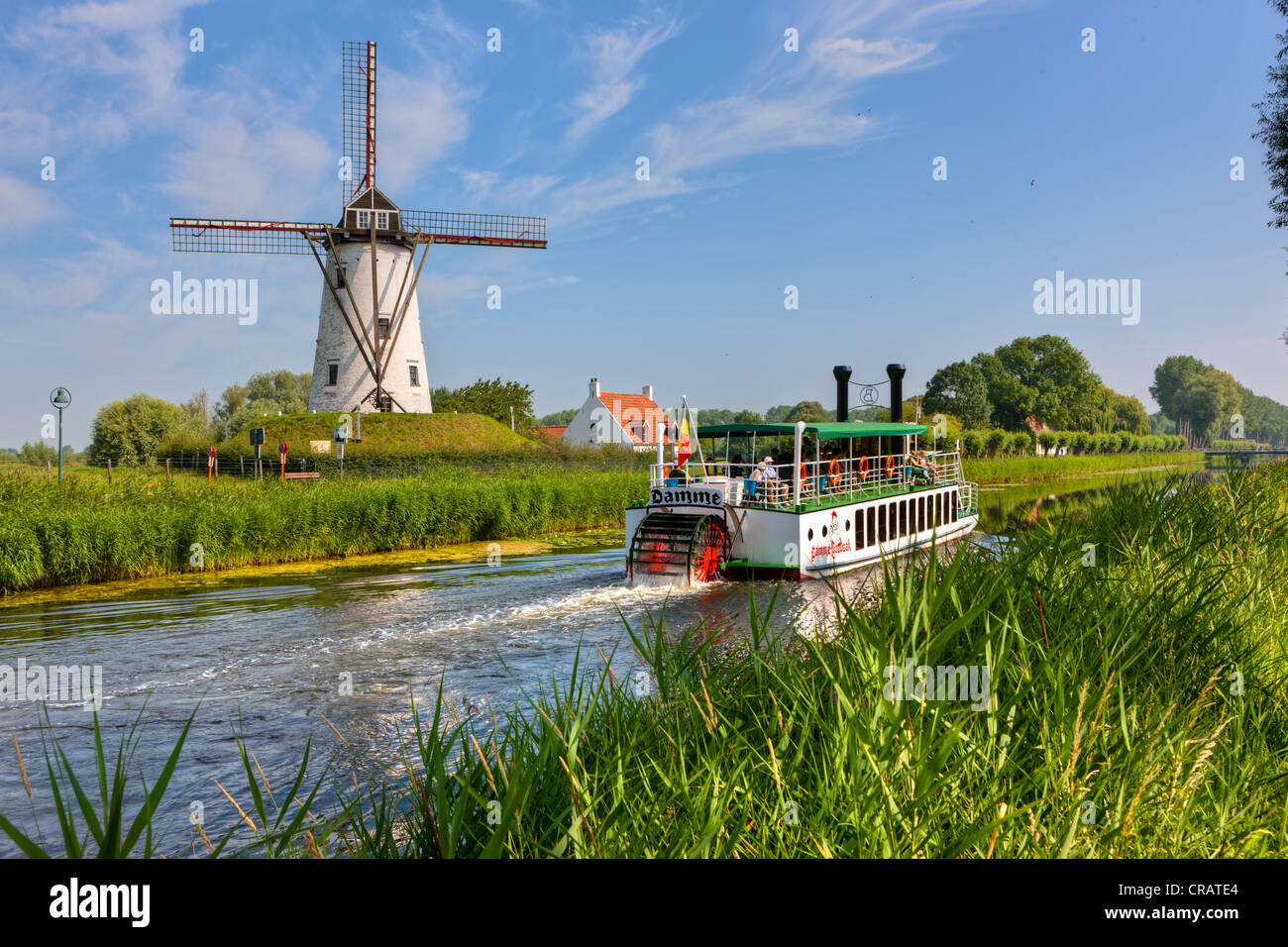 Old paddle wheel steamer on the canal between Bruges and Damme, Damse Vaart-Zuid, Damme, Bruges, West Flanders, Flemish Region Stock Photo