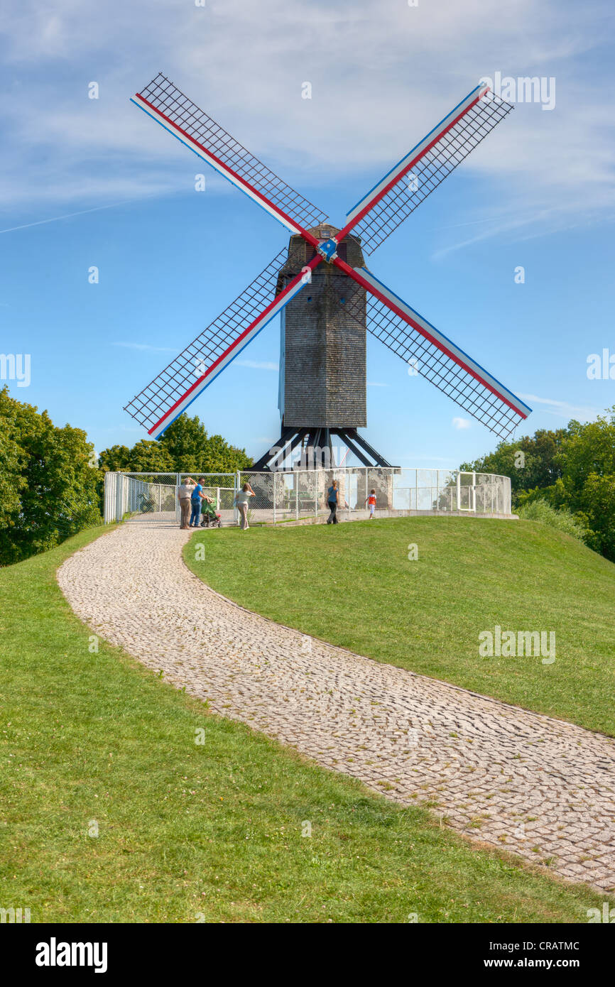 Old windmill at the Vlaanderen Fietsroute, Flanders Bike Trail, at the Coupure Canal, Bruges, West Flanders, Flemish Region Stock Photo
