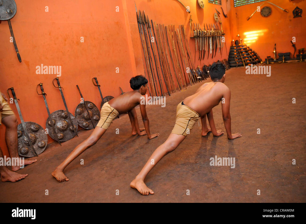 Students at a Kalaripayattu school, martial art, Calicut, also known as Kozhikode, Kerala, southern India, India, Asia Stock Photo