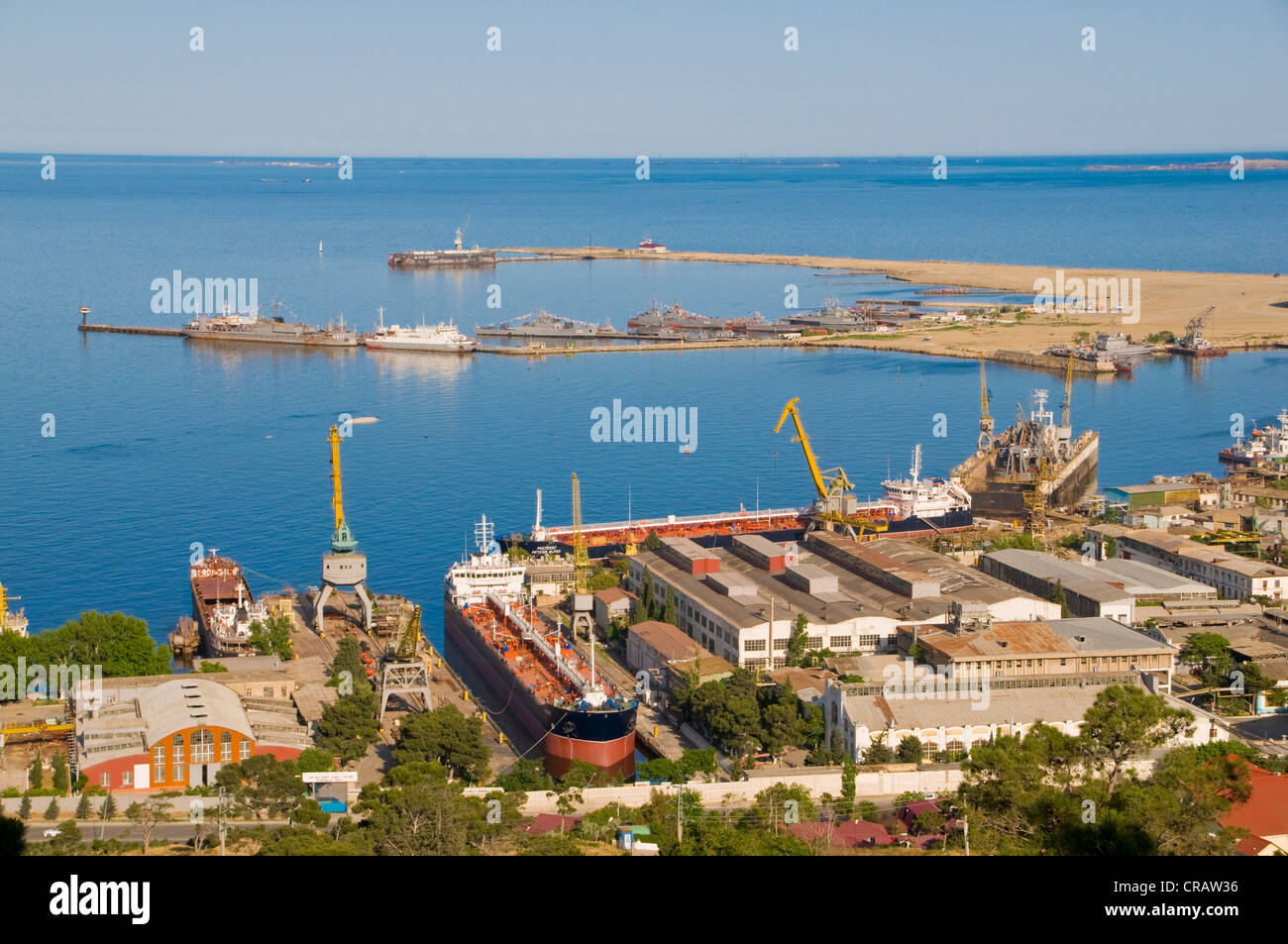 Baku Harbour with a container vessel, on the Caspian Sea, Azerbaijan, Caucasus region, Middle East Stock Photo