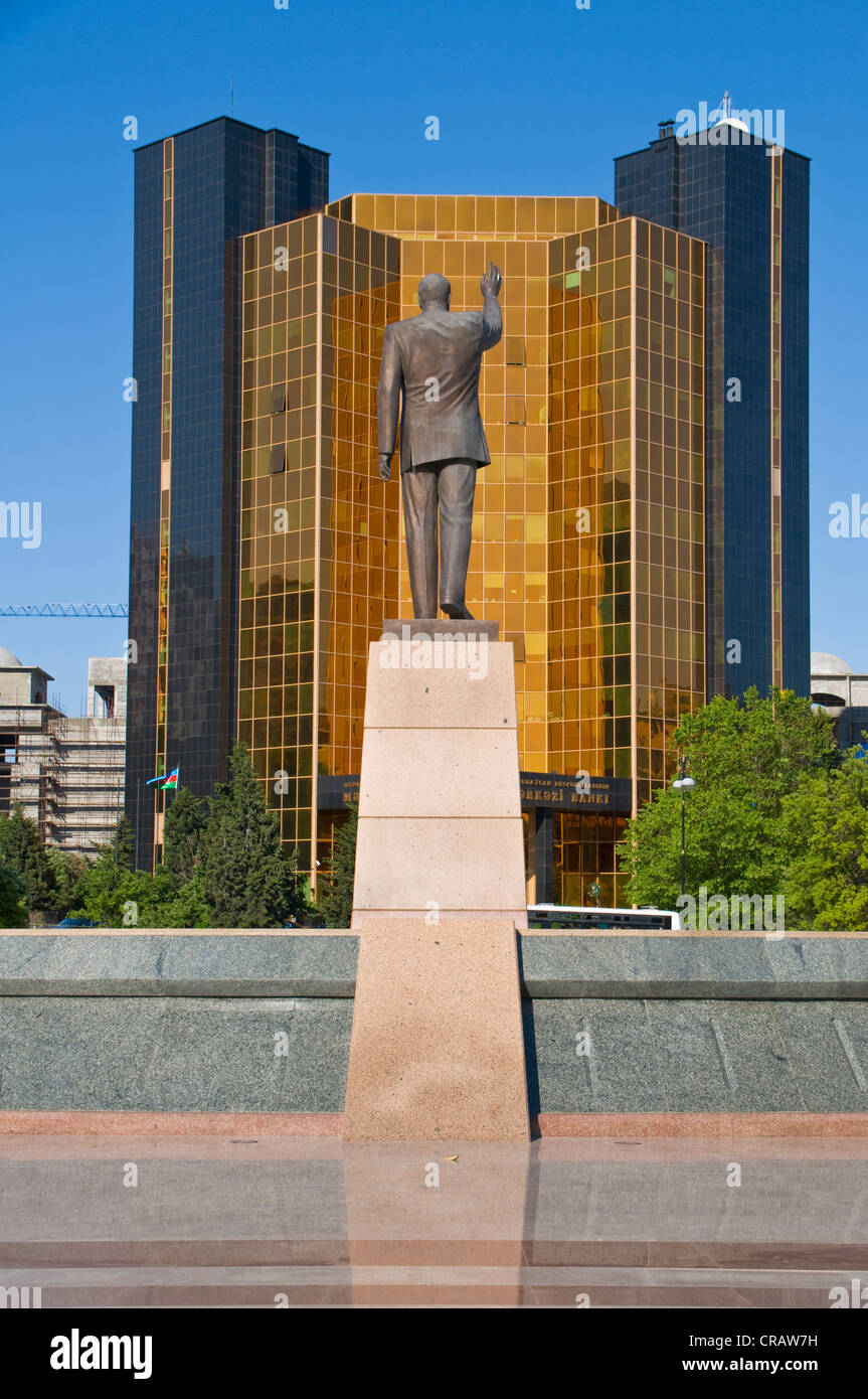 President statue in front of a modern high-rise building in Baku, Azerbaijan, Middle East Stock Photo