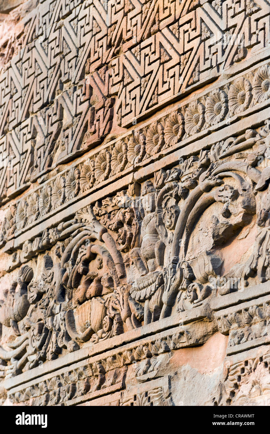 Relief at the Dhamek Stupa, Buddhist holy place Sarnath, Uttar Pradesh, India, Asia Stock Photo