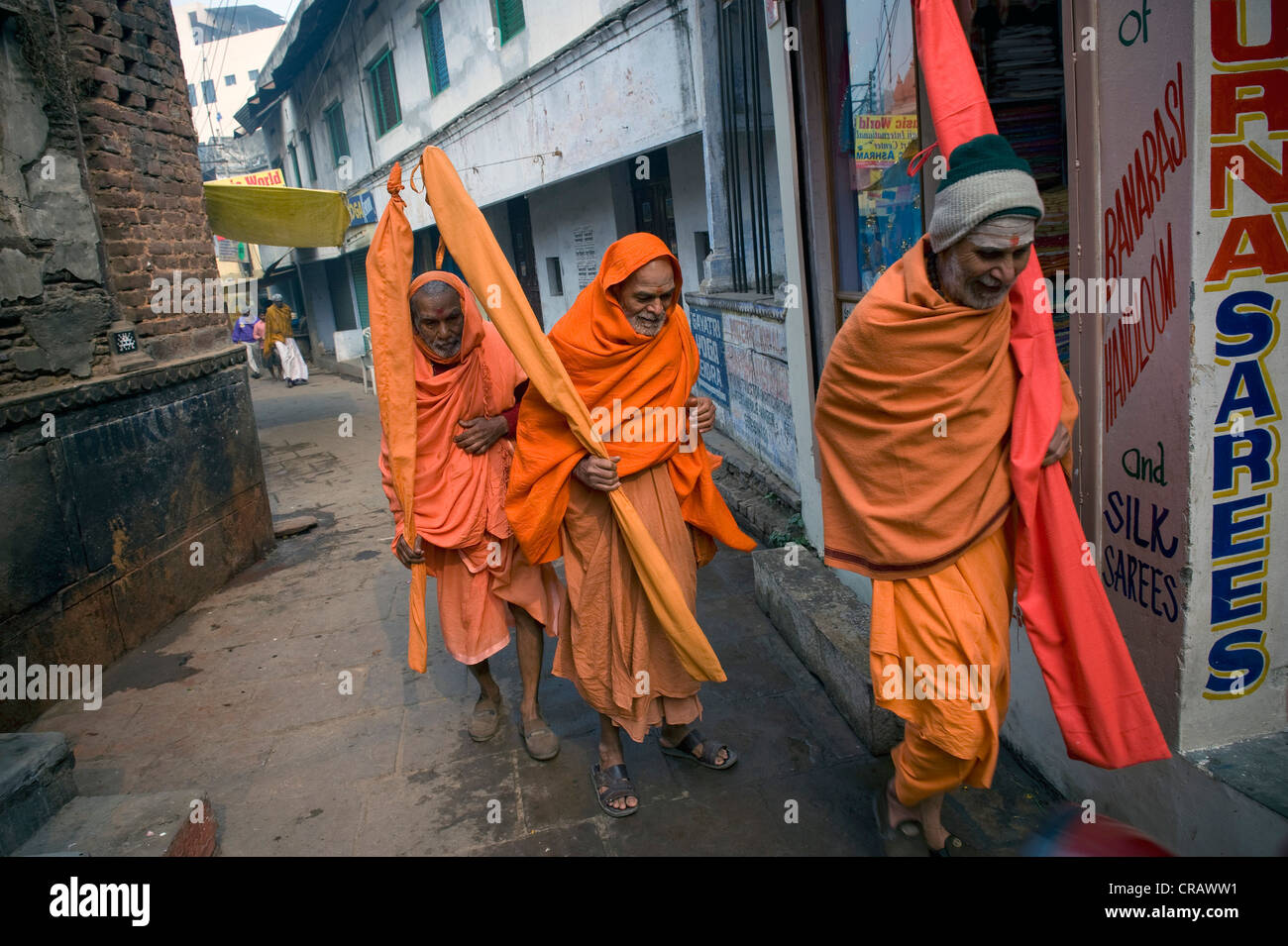 Sadhus or holy men in the lanes of Varanasi, Uttar Pradesh, India, Asia Stock Photo