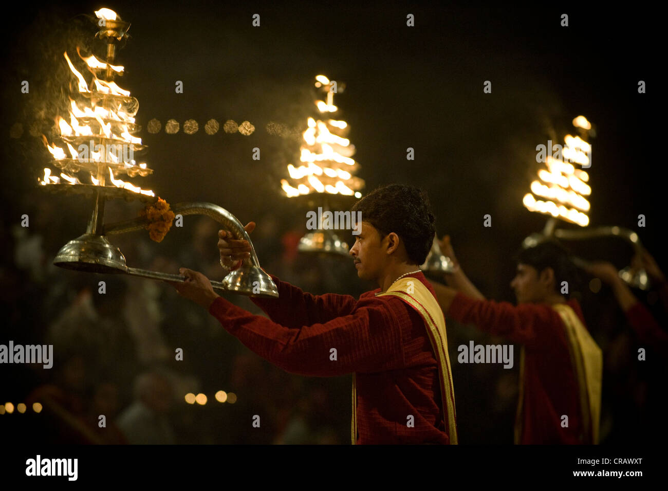 Aarti fire ceremony on the Ganges, Varanasi, Uttar Pradesh, India, Asia Stock Photo