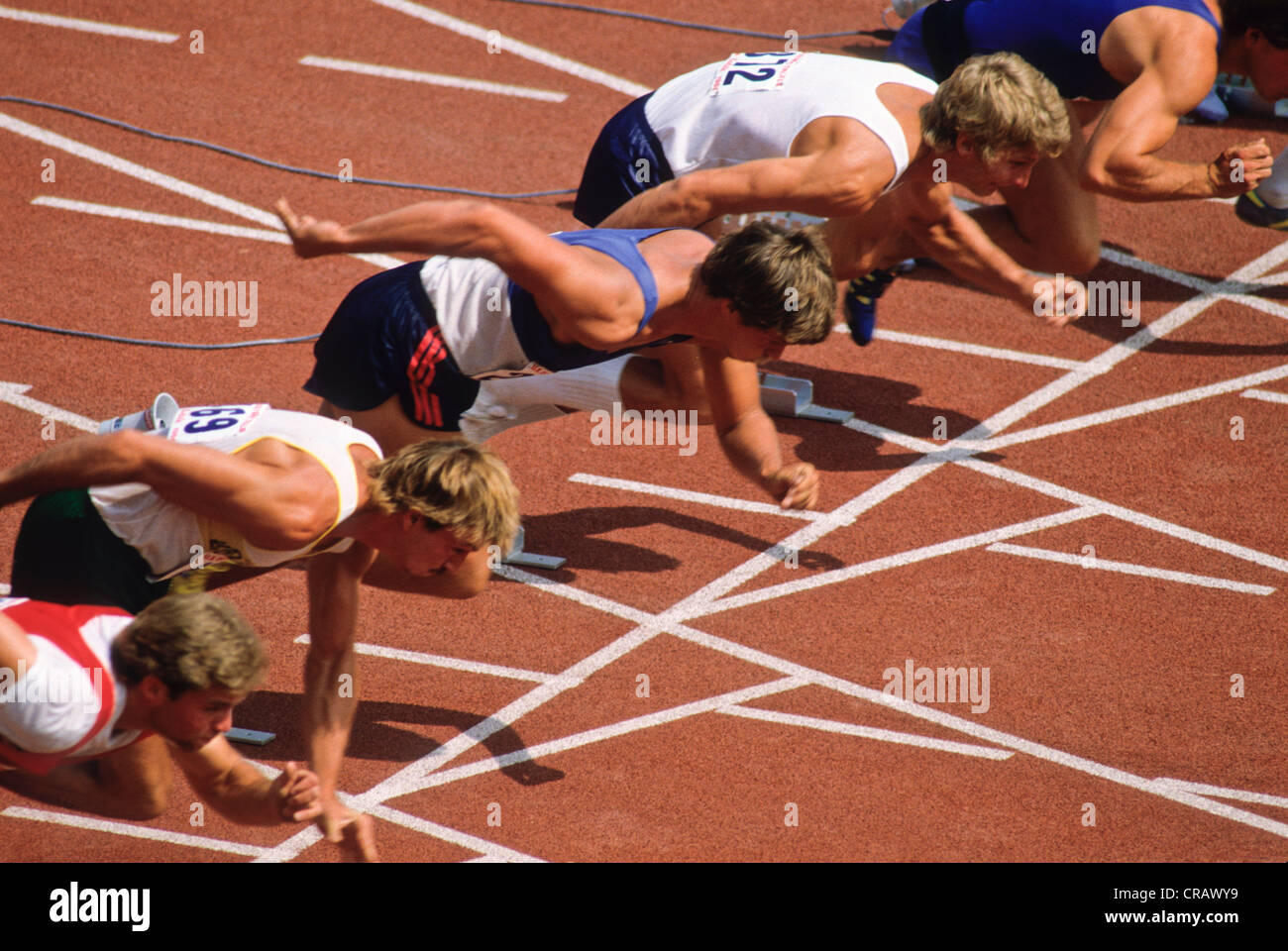 Start of a men's 100 meter race at the 1984 US Olympic Track and Field