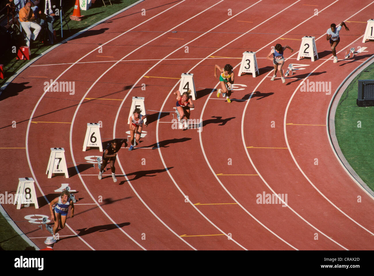 Start of a women's sprint race at the 1984 US Olympic Track and Field