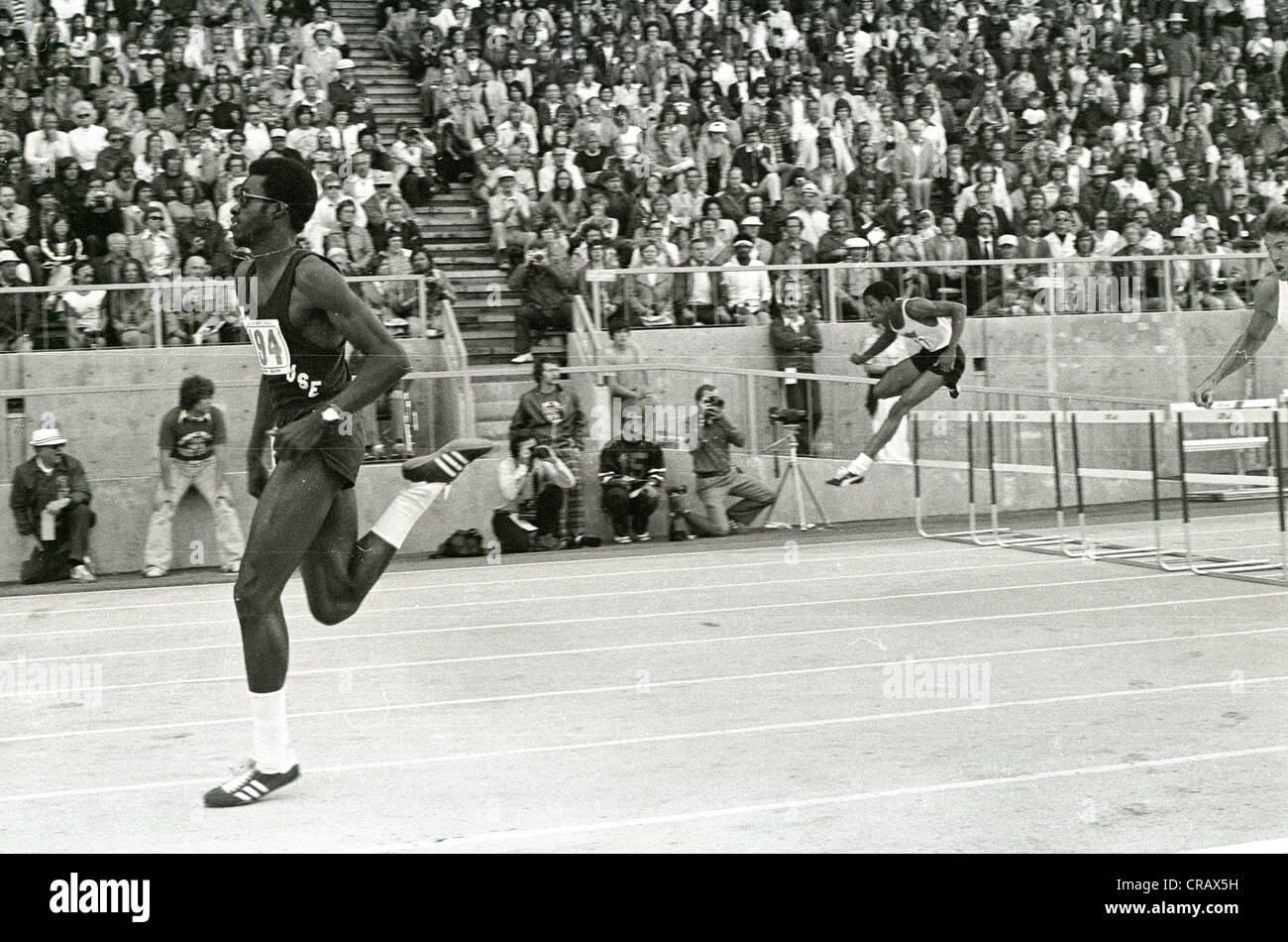 Edwin Moses competing in the 400 meter hurdles at the 1976 US Olympic Track and Field Trials. Stock Photo