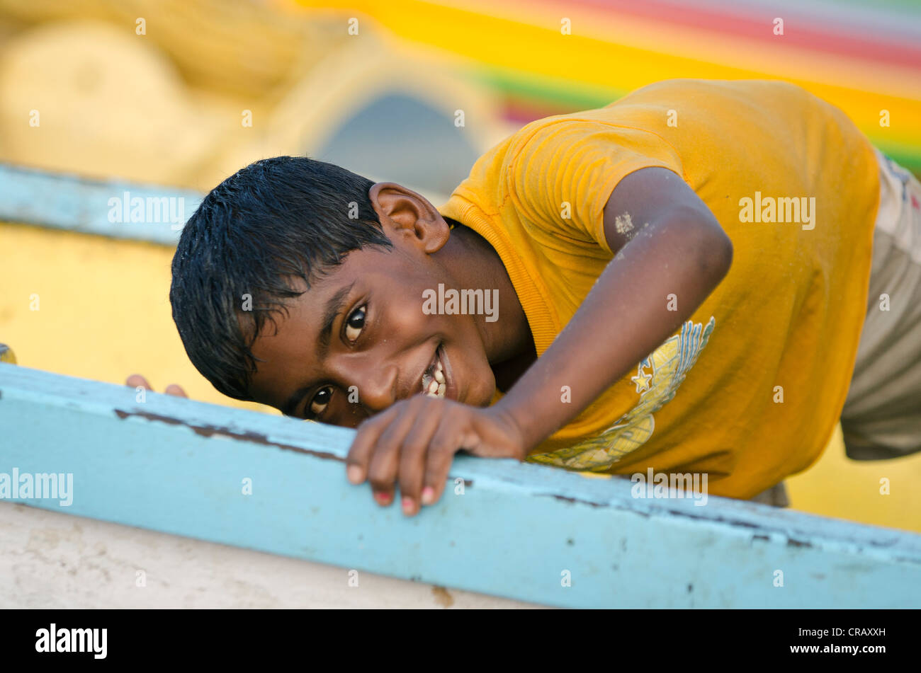 Fisher boy, boat, beach, Bekal, North Kerala, India, Asia Stock Photo