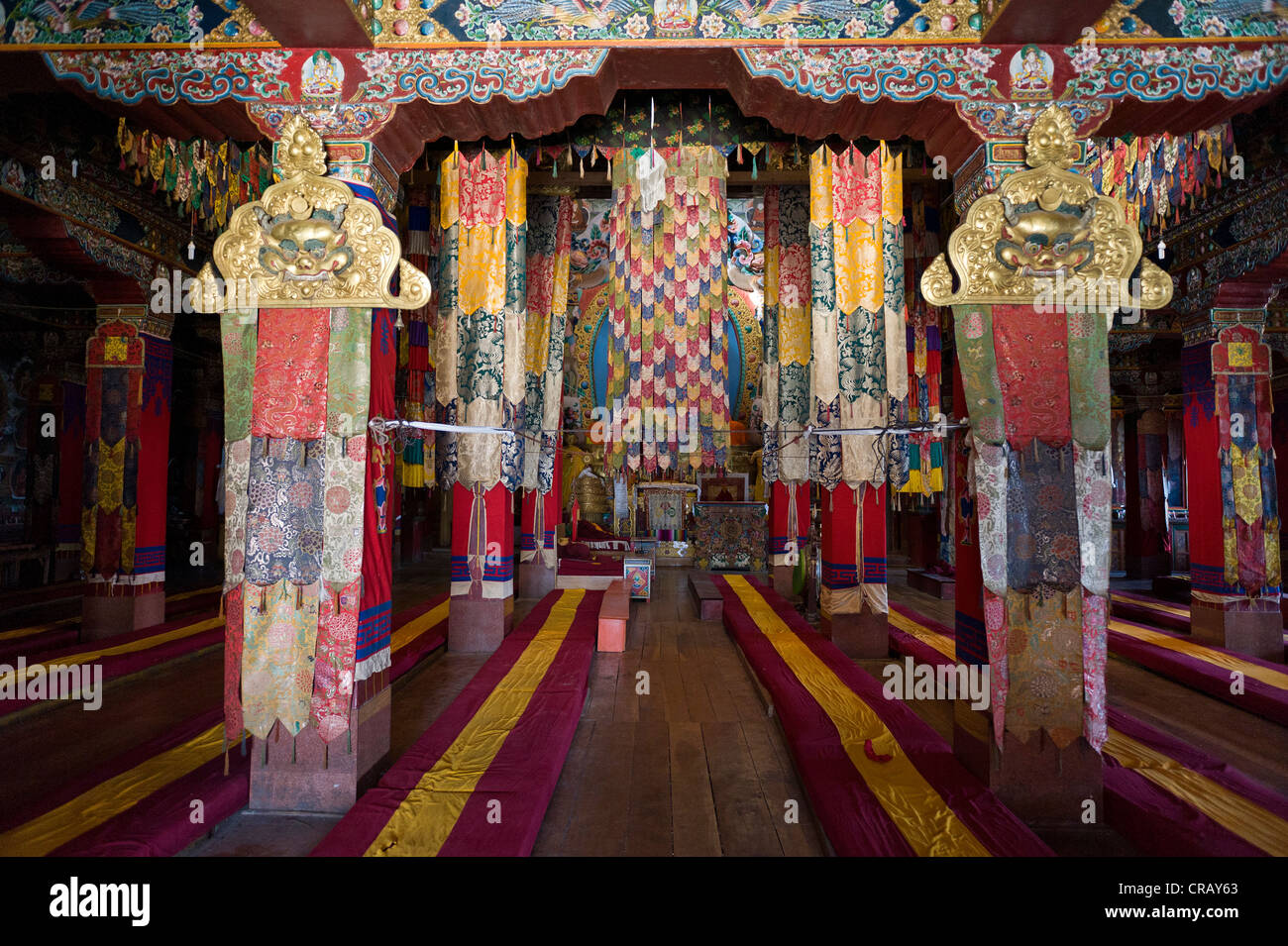 Main prayer room interior, Galden Namgyal Lhatse monastery, largest Buddhist monastery in India, Tawang, Arunachal Pradesh Stock Photo