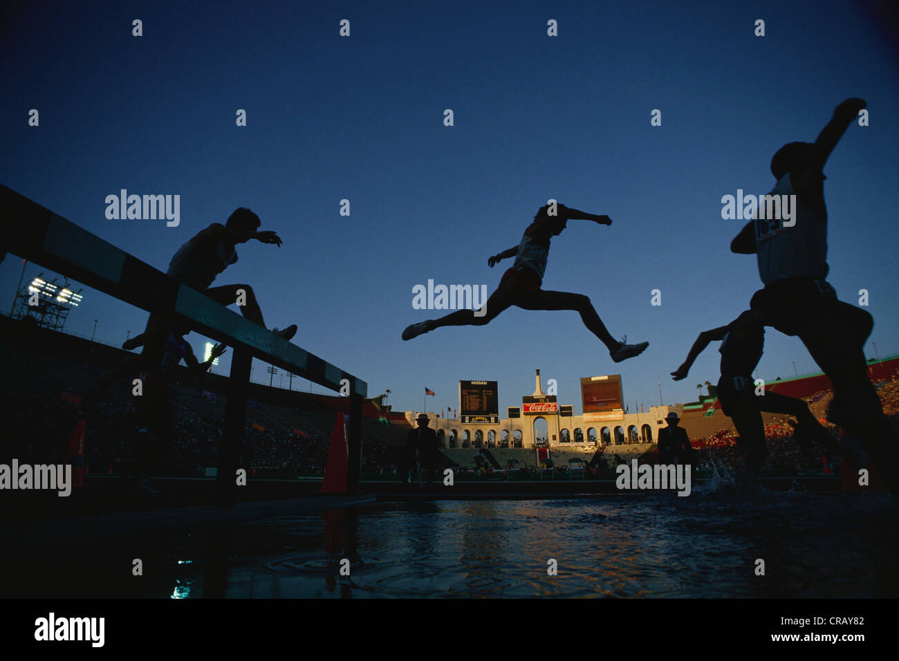 Steeplechase action at the 1984 US Olympic Track and Field Trials Stock