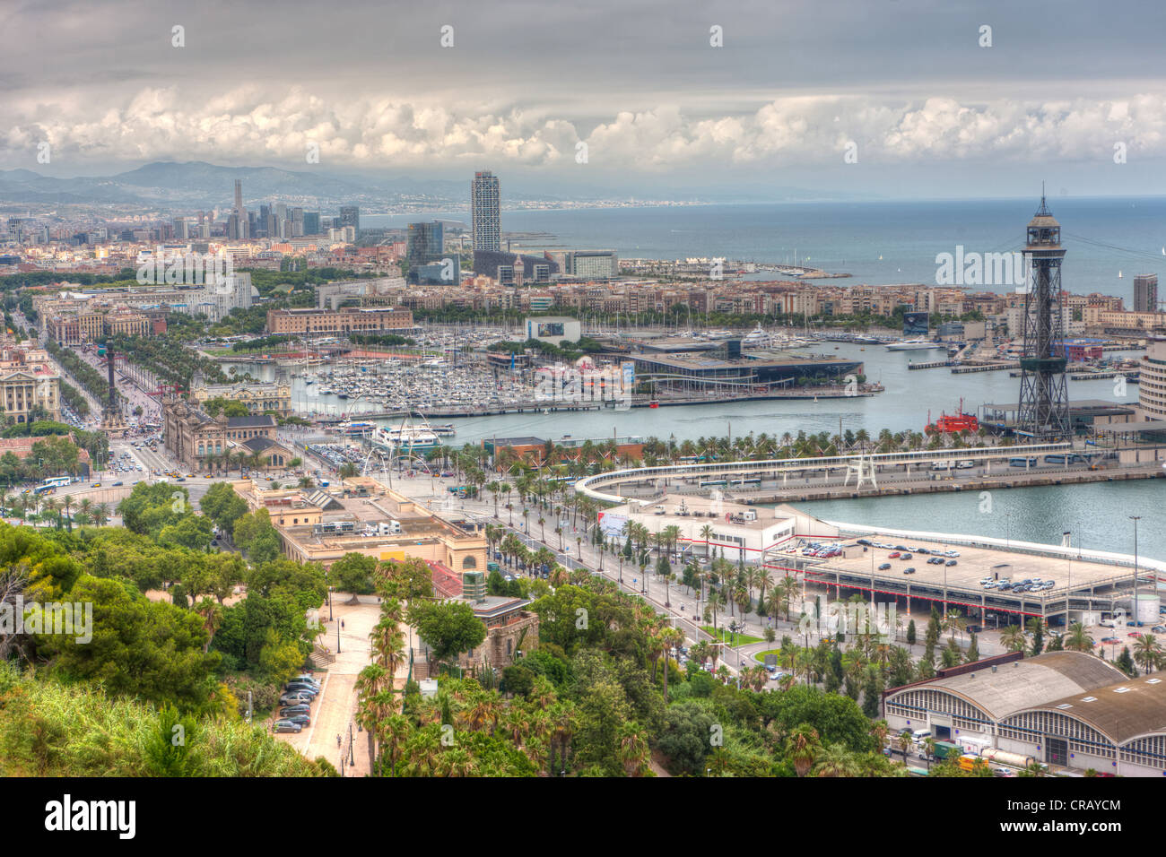 Views over Barcelona and the World Trade Centre, tower of Torre Jaume I, Barcelona, Catalonia, Spain, Europe, PublicGround Stock Photo