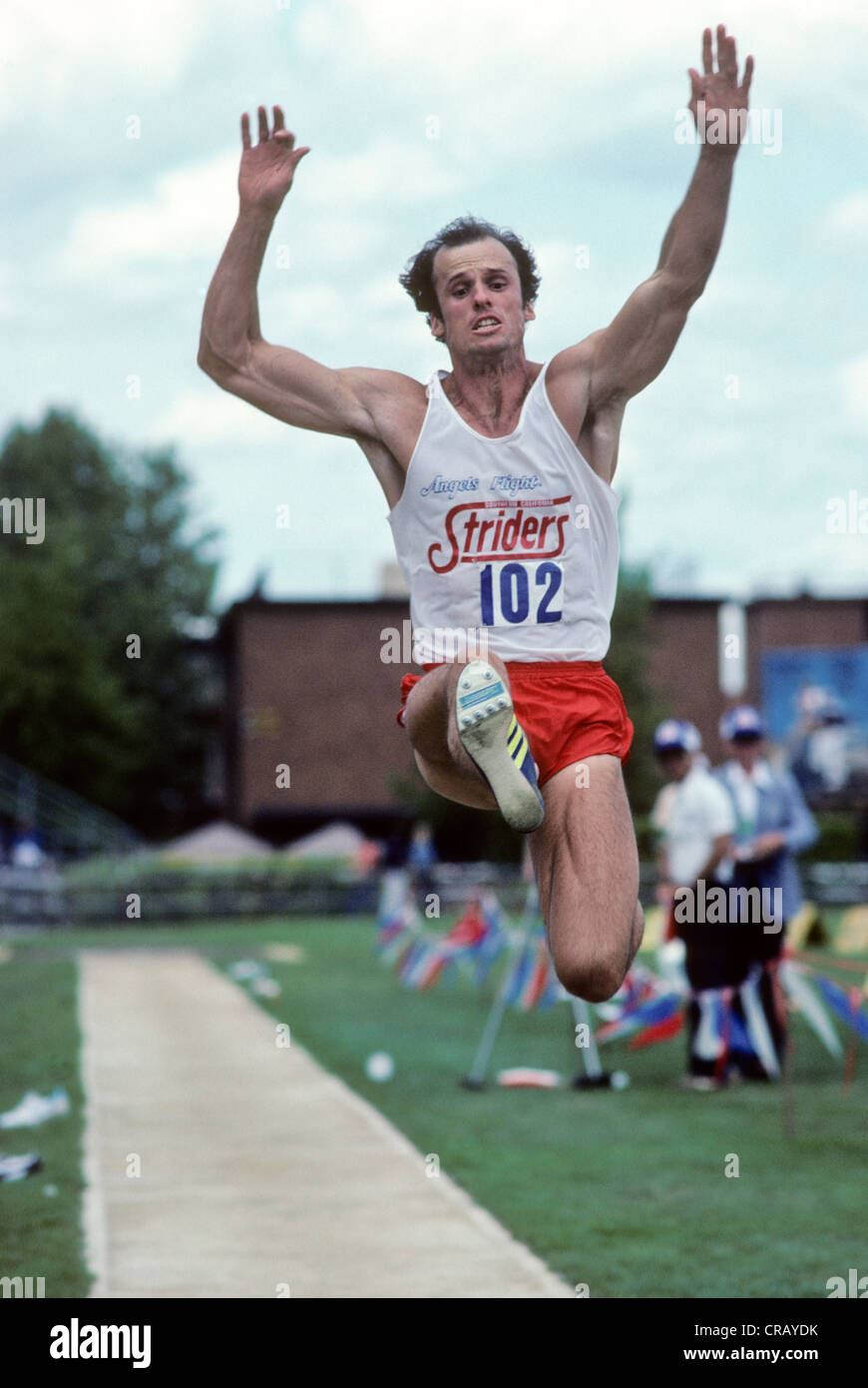 Fred Dixon long jumping during the decathlon competition at the 1980 US
