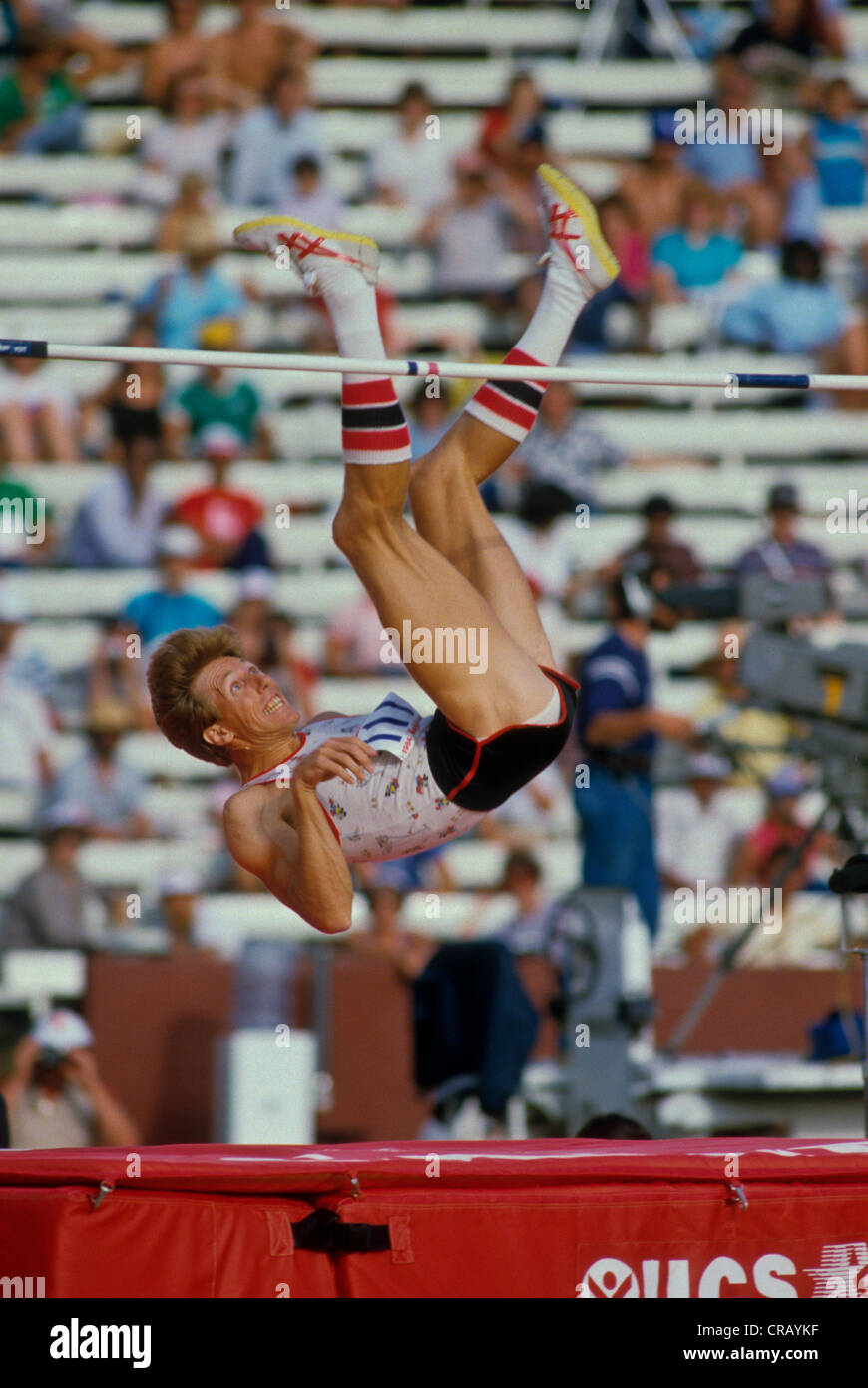 Dwight Stones competing in the high jump at the 1984 US Olympic Track