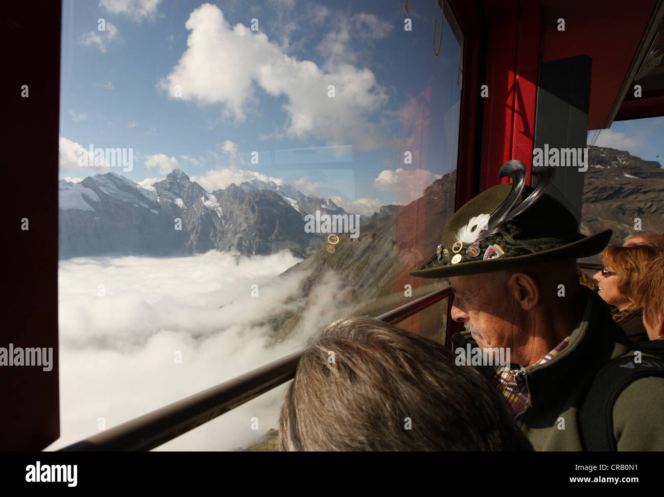 The Piz Gloria is reached by the Schilthorn Cable Car near Murren, Switzerland. Piz Gloria was used in a James Bond Film. Stock Photo